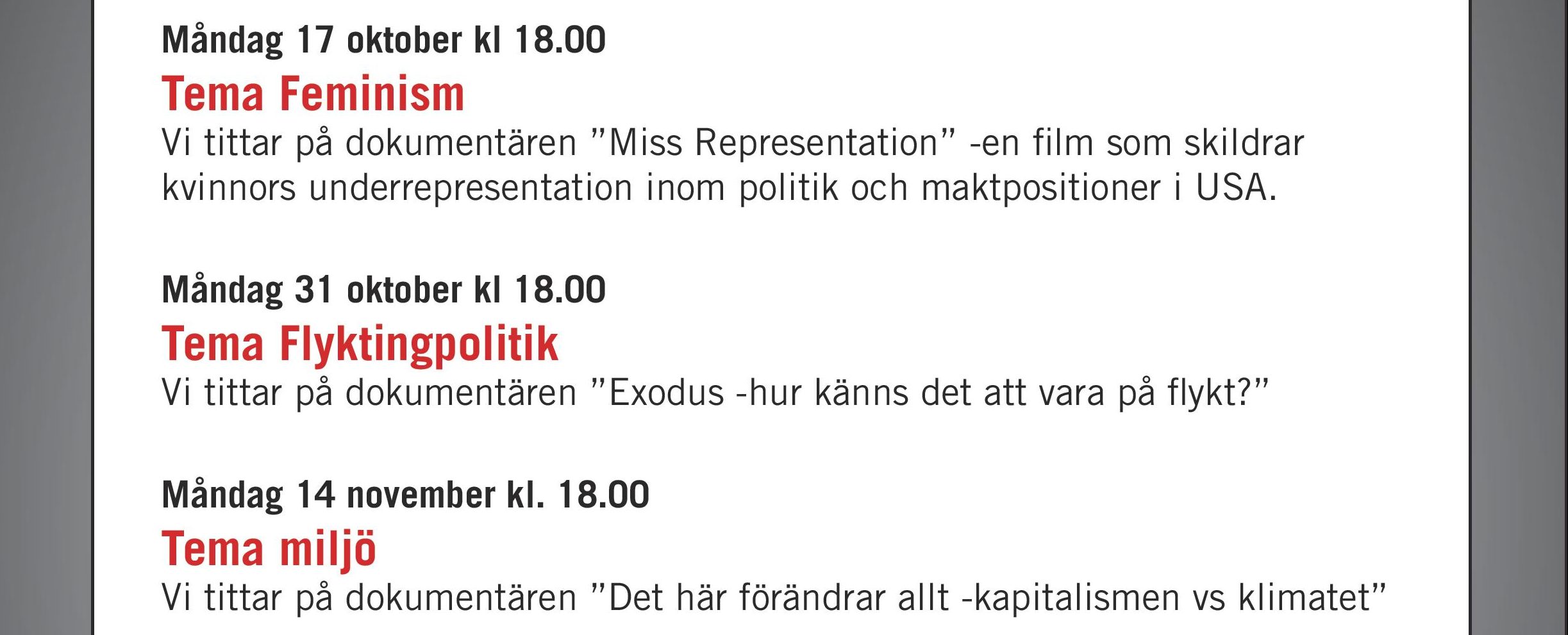 Affisch om inbjudan till filmkvällar för hösten 2016